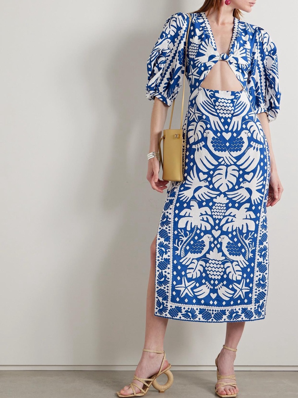 Jungle Scarf Puff Sleeve Cutout Linen Blend Dress In Navy Blue